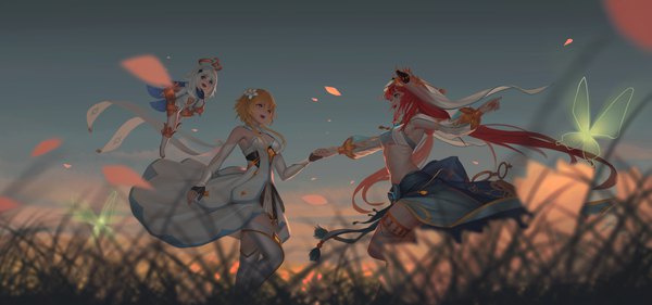Anime picture 7488x3507 with genshin impact lumine (genshin impact) nilou (genshin impact) paimon (genshin impact) zfivez highres short hair blue eyes blonde hair wide image twintails multiple girls yellow eyes absurdres silver hair outdoors red hair very long hair midriff low twintails