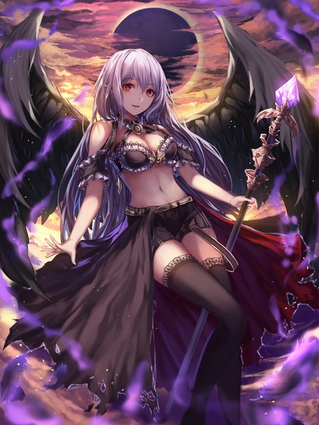 Anime picture 1500x2000 with original yohaku single long hair tall image looking at viewer fringe breasts open mouth light erotic smile hair between eyes red eyes standing holding cleavage silver hair cloud (clouds) pointy ears black wings