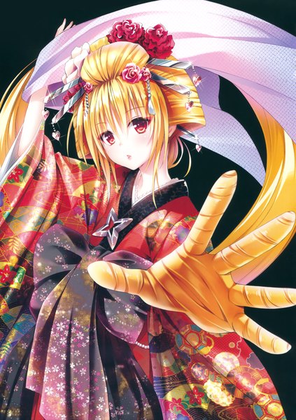Anime picture 2679x3800 with toloveru toloveru darkness xebec konjiki no yami yabuki kentarou single long hair tall image looking at viewer highres blonde hair red eyes very long hair traditional clothes japanese clothes hair flower scan official art dark background girl