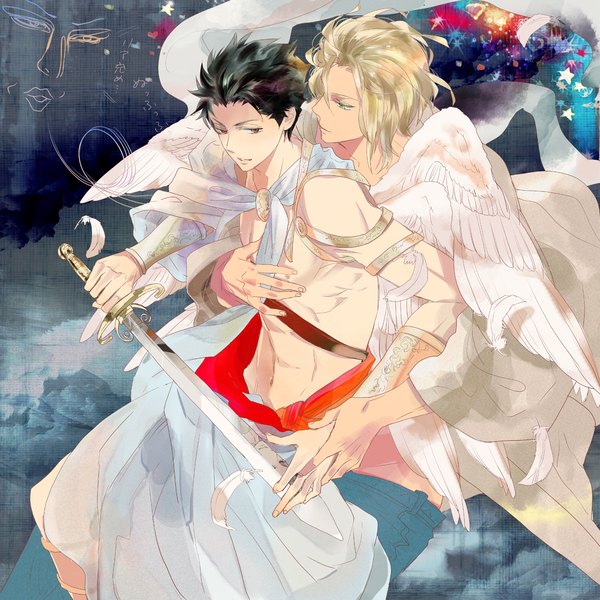 Anime picture 1134x1134 with el shaddai lucifel (el shaddai) enoch nagi wata (artist) short hair blue eyes light erotic black hair blonde hair hug topless shounen ai boy navel weapon sword wings star (symbol) feather (feathers)