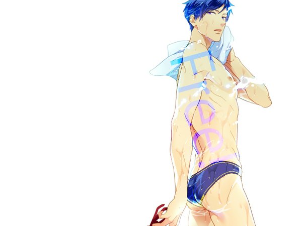Anime picture 1280x960 with free! kyoto animation ryugazaki rei matsuo shin single short hair open mouth light erotic simple background standing white background purple eyes holding blue hair looking away wet boy glasses towel swim briefs
