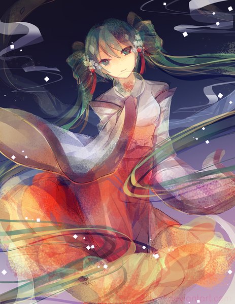 Anime picture 1000x1294 with vocaloid hatsune miku lyiet single tall image looking at viewer fringe smile standing holding very long hair long sleeves traditional clothes head tilt japanese clothes hair flower aqua eyes aqua hair wide sleeves girl