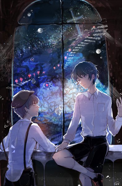 Anime picture 1000x1517 with night on the galactic railroad giovanni (ginga tetsudou no yoru) campanella (ginga tetsudou no yoru) lvycqt tall image fringe short hair blue eyes black hair sitting looking away bent knee (knees) parted lips profile pink eyes light smile night multiple boys night sky tears