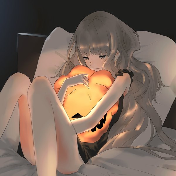 Anime picture 1200x1200 with original rikkukku single long hair blush fringe blonde hair bare shoulders payot bent knee (knees) indoors lying blunt bangs bare legs on back grey eyes looking down halloween sad convenient leg