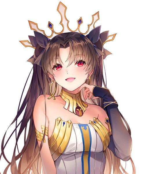 Anime picture 1000x1200 with fate (series) fate/grand order ishtar (fate) ells (ellsat) single long hair tall image looking at viewer blush fringe open mouth simple background smile hair between eyes red eyes brown hair white background bare shoulders upper body :d