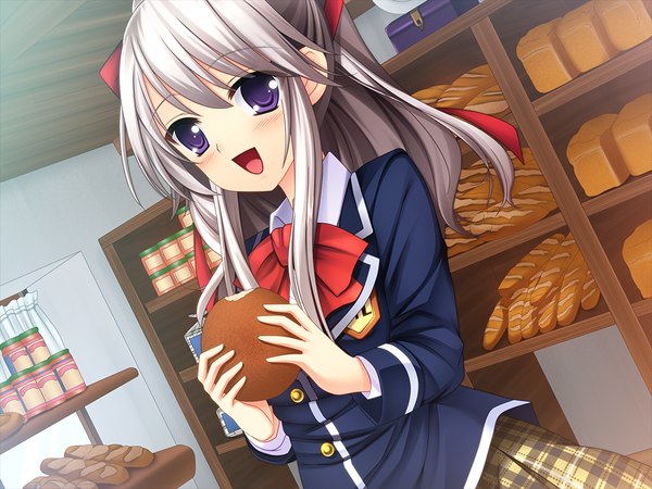 Anime picture 1024x768 with shukusai no utahime tagme (character) single long hair looking at viewer blush fringe open mouth smile hair between eyes standing purple eyes holding payot game cg silver hair indoors :d pleated skirt dutch angle