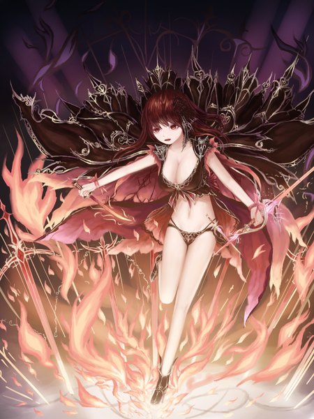 Anime picture 1200x1600 with original rinmmo single long hair tall image fringe open mouth light erotic red eyes brown hair standing holding looking away cleavage full body bare legs bare belly floating hair magic standing on one leg