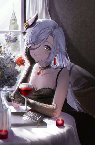 Anime picture 1300x1986 with genshin impact shenhe (genshin impact) isobe47 single long hair tall image looking at viewer fringe smile silver hair indoors hair over one eye alternate costume silver eyes head rest girl dress gloves hair ornament flower (flowers)