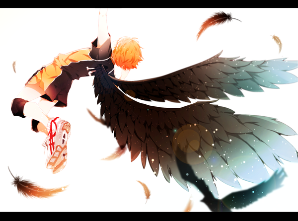 Anime picture 1380x1024 with haikyuu!! production i.g hinata shouyou nana colors single short hair simple background white background from behind orange hair letterboxed black wings jumping volleyball boy wings shoes feather (feathers) sneakers