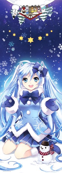 Anime picture 437x1200 with vocaloid hatsune miku yuki miku yuki miku (2012) mca (dessert candy) single long hair tall image blush open mouth blue eyes smile sitting twintails blue hair very long hair pleated skirt text snowing snow