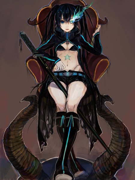 Anime picture 1500x2000 with black rock shooter black rock shooter (character) sono (pixiv) single long hair tall image blue eyes black hair sitting twintails horn (horns) lips glowing scar glowing eye (eyes) girl sword shorts katana star (symbol)