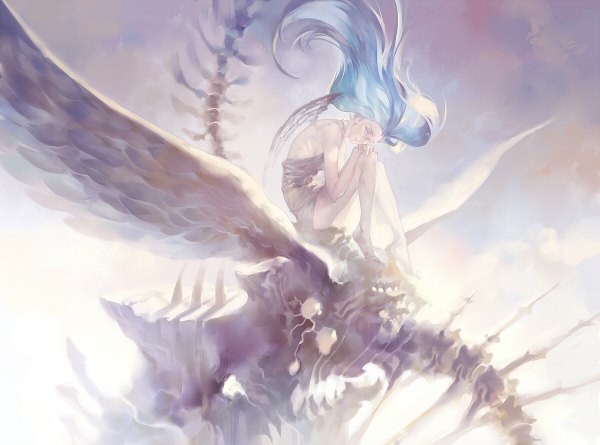 Anime picture 1200x890 with original coralstone single long hair looking at viewer blue eyes simple background sitting bare shoulders blue hair skeleton girl dress wings