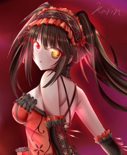 Anime picture 900x1100 with date a live tokisaki kurumi karin zakura single long hair tall image looking at viewer blush fringe open mouth black hair simple background hair between eyes red eyes twintails bare shoulders signed yellow eyes payot upper body