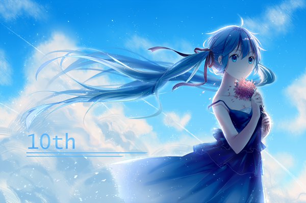 Anime picture 2500x1666 with vocaloid hatsune miku zhi (yammycheese) single long hair highres blue eyes standing twintails holding blue hair looking away sky cloud (clouds) ahoge light smile wind sunlight strap slip anniversary