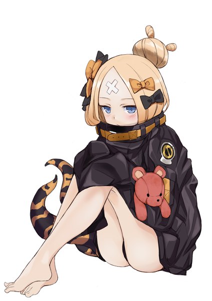 Anime picture 2480x3508 with fate (series) fate/grand order abigail williams (fate) baicha single long hair tall image blush highres blue eyes light erotic simple background blonde hair white background sitting looking away full body barefoot hair bun (hair buns) heroic spirit traveling outfit
