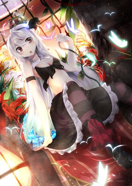 Anime picture 1414x2000 with original benio (dontsugel) single long hair tall image open mouth light erotic red eyes white hair girl skirt flower (flowers) swimsuit plant (plants) pantyhose insect butterfly moon crown striped pantyhose