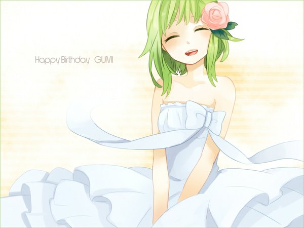 Anime picture 1000x750 with vocaloid gumi tama (songe) single blush short hair open mouth simple background bare shoulders eyes closed hair flower inscription happy yellow background happy birthday girl dress hair ornament white dress