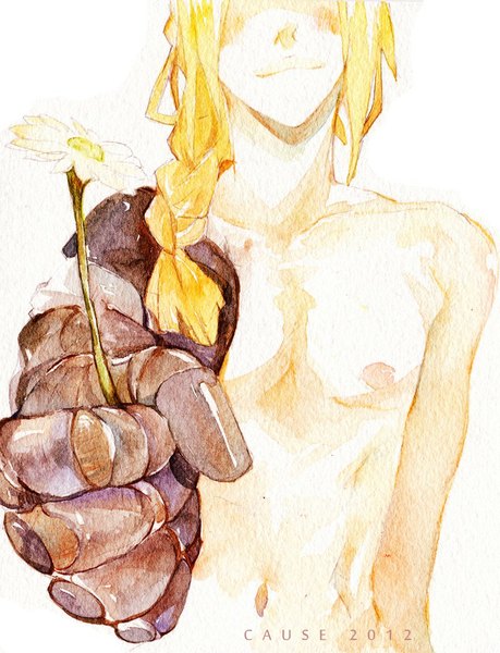 Anime picture 800x1046 with fullmetal alchemist studio bones edward elric cause single long hair tall image blush blonde hair simple background white background signed nipples braid (braids) light smile traditional media watercolor (medium) no face mechanical parts shirtless