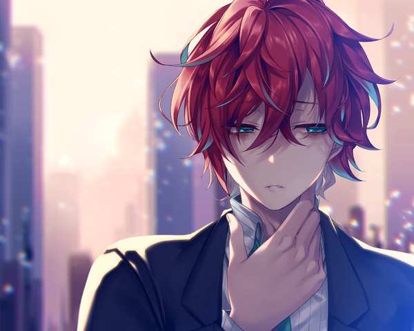 Anime-Bild 1000x800 mit hypnosis mic kannonzaka doppo rinu single fringe short hair hair between eyes looking away red hair parted lips multicolored hair aqua eyes two-tone hair streaked hair arm around neck boy