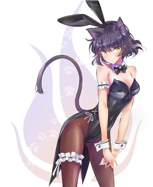 Anime picture 1173x1440 with rwby rooster teeth blake belladonna iesupa single tall image looking at viewer short hair breasts light erotic black hair simple background animal ears yellow eyes tail animal tail cat ears cat girl cat tail leaning