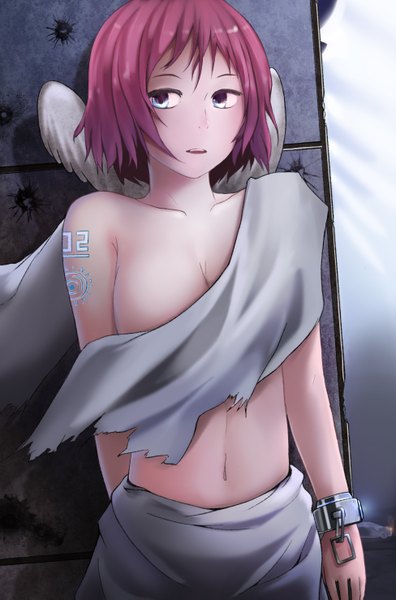 Anime picture 1952x2953 with original benezia single tall image highres short hair open mouth blue eyes light erotic purple hair girl navel wings bracelet