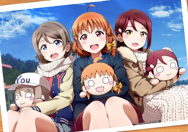 Anime picture 1920x1350 with love live! sunshine!! sunrise (studio) love live! sakurauchi riko watanabe you takami chika shiimai long hair looking at viewer blush fringe highres short hair open mouth blue eyes smile hair between eyes red eyes brown hair multiple girls