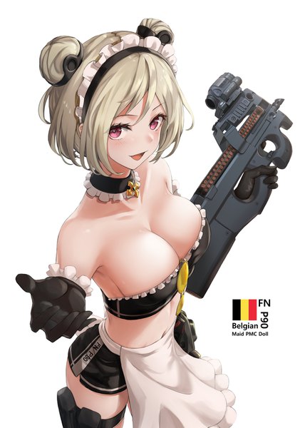 Anime picture 1276x1789 with girls frontline p90 (girls frontline) chaciooh single tall image looking at viewer blush short hair breasts light erotic simple background blonde hair large breasts standing white background bare shoulders holding pink eyes midriff hair bun (hair buns)