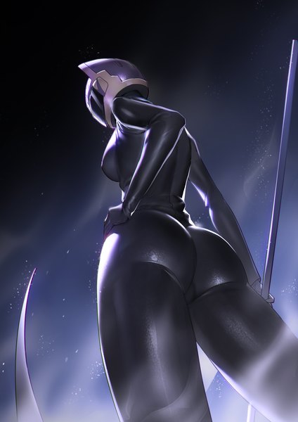 Anime picture 2480x3508 with durarara!! brains base (studio) celty sturluson tupiao shaonu single tall image highres breasts light erotic simple background standing holding ass from behind from below hand on hip dark background shiny clothes latex girl