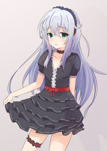 Anime picture 566x800 with kantai collection hibiki destroyer kyoubu single long hair tall image looking at viewer blush fringe blue eyes simple background hair between eyes standing holding payot silver hair ahoge grey background short sleeves embarrassed