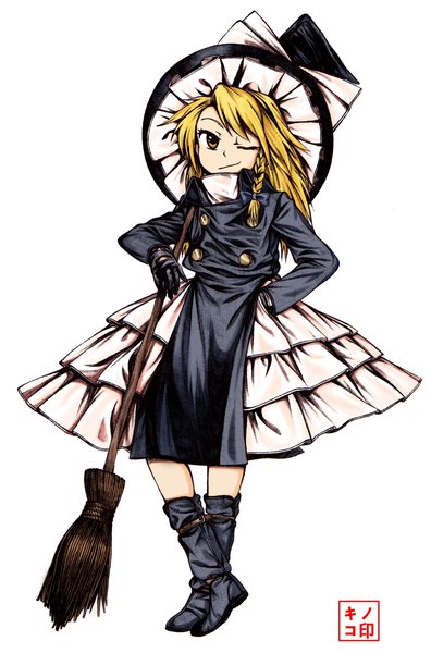 Anime-Bild 1274x1928 mit touhou kirisame marisa mushroom (osh320) single long hair tall image simple background blonde hair smile standing white background signed yellow eyes full body braid (braids) long sleeves one eye closed side braid hand in pocket double buttons