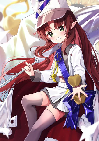 Anime picture 1158x1637 with arknights myrtle (arknights) myrtle (light gold celebration) (arknights) syurimp single tall image looking at viewer blush smile green eyes red hair very long hair pointy ears grin official alternate costume girl thighhighs skirt hat miniskirt