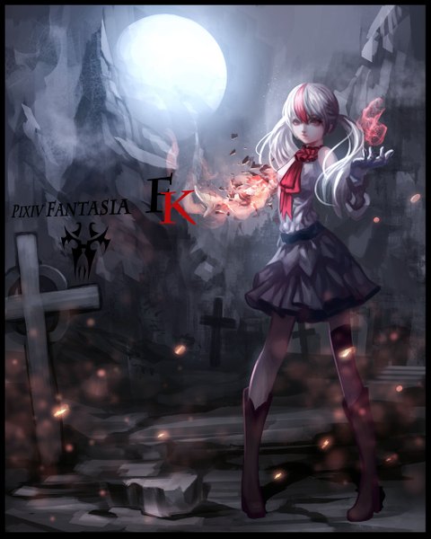 Anime-Bild 2000x2500 mit original pixiv fantasia pixiv fantasia fallen kings baka (mh6516620) single long hair tall image highres red eyes twintails white hair multicolored hair night two-tone hair streaked hair magic girl dress boots moon