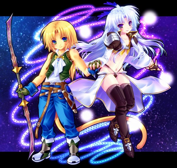 Anime picture 1024x973 with final fantasy square enix zidane tribal kuja minatosaiga (artist) long hair blonde hair white hair holding hands otoko no ko multicolored eyes genderswap boy navel weapon thigh boots