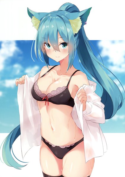 Anime picture 2391x3398 with original takehana note single long hair tall image looking at viewer blush fringe highres breasts light erotic hair between eyes animal ears ponytail aqua eyes scan aqua hair open shirt girl navel