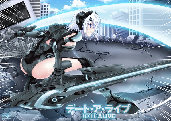 Anime picture 1500x1060 with date a live tobiichi origami euforia single short hair blue eyes light erotic white hair profile battle destruction girl thighhighs weapon black thighhighs sword bodysuit