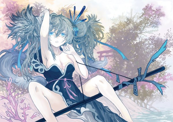 Anime picture 1200x847 with ryuuri susuki (artist) single long hair breasts blue eyes light erotic twintails grey hair legs girl dress ribbon (ribbons) plant (plants) sword katana jewelry