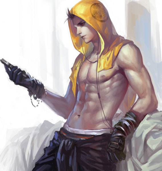 Anime picture 1000x1055 with sengoku basara production i.g tokugawa ieyasu shitsu soku k single tall image short hair light erotic red eyes brown hair realistic topless muscle boy gloves navel hood wire (wires)