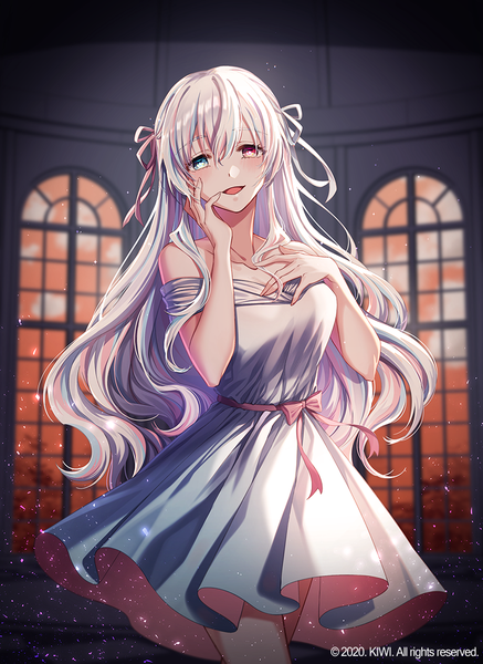 Anime picture 800x1096 with original kiwi (pixiv6429539) single long hair tall image looking at viewer blush fringe breasts open mouth blue eyes smile hair between eyes red eyes standing bare shoulders signed white hair indoors :d