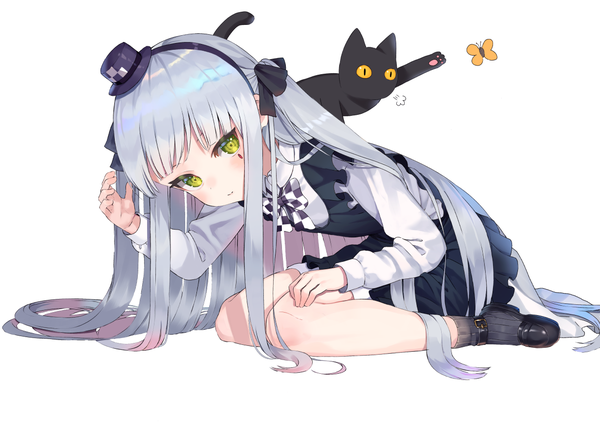 Anime-Bild 1228x868 mit girls frontline hk416 (girls frontline) hk416 (black kitty's gift) (girls frontline) rangen single long hair looking at viewer blush fringe simple background white background sitting green eyes payot silver hair full body bent knee (knees) blunt bangs long sleeves two side up