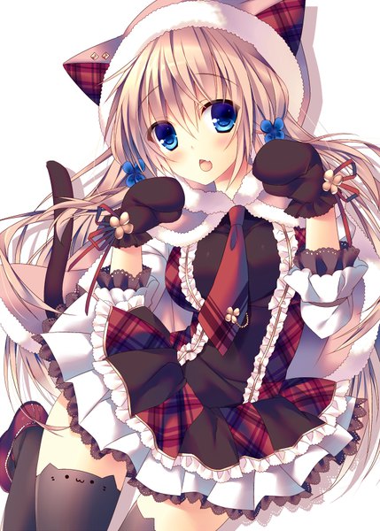 Anime picture 600x839 with original traene (sorai shin'ya) sorai shin'ya single long hair tall image looking at viewer blush fringe open mouth blue eyes simple background blonde hair hair between eyes white background animal ears payot tail animal tail cat ears