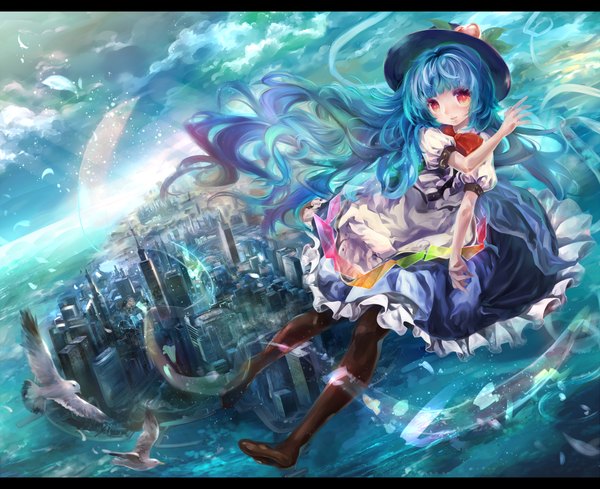 Anime picture 1103x900 with touhou hinanawi tenshi torino aqua single long hair red eyes blue hair sky cloud (clouds) no shoes city letterboxed girl dress hat animal sea bird (birds) building (buildings) seagull