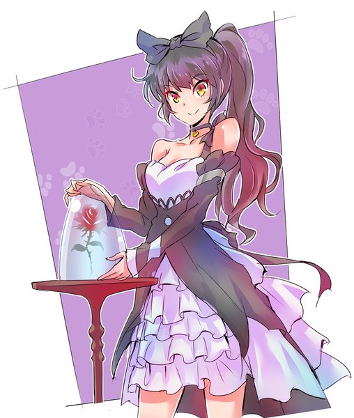 Anime picture 1500x1772 with rwby beauty and the beast rooster teeth disney blake belladonna belle (beauty and the beast) iesupa single long hair tall image looking at viewer black hair smile animal ears yellow eyes ponytail parody outline girl dress