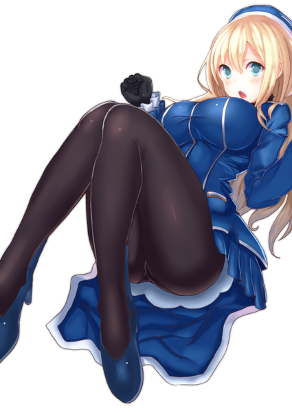 Anime picture 850x1200 with kantai collection atago heavy cruiser ranomimi chichi single long hair tall image blush breasts open mouth blue eyes light erotic simple background blonde hair large breasts white background sitting pleated skirt high heels embarrassed girl