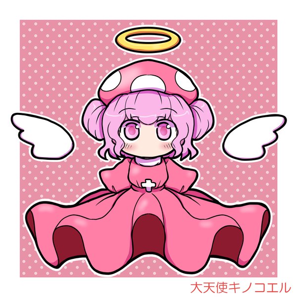 Anime picture 1500x1500 with original eruru (erl) single looking at viewer fringe short hair purple hair pink eyes border pink background angel wings polka dot polka dot background borrowed character girl dress hat wings halo cross