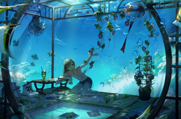 Anime picture 1250x819 with original dotaku single long hair blue eyes brown hair girl underwear flower (flowers) plant (plants) shorts sweets fish (fishes) paper pocky morning glory electric fan