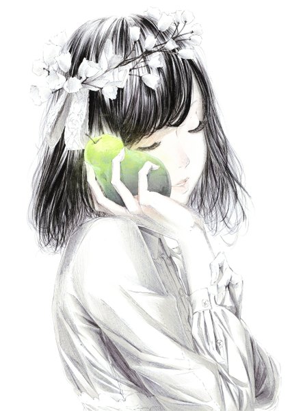 Anime picture 1000x1414 with original sousou (sousouworks) single tall image fringe short hair open mouth black hair simple background white background holding eyes closed hair flower teeth monochrome girl hair ornament flower (flowers) ribbon (ribbons) fruit