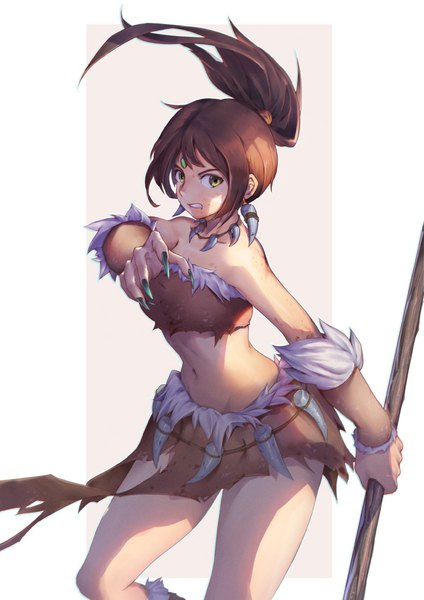 イラスト 800x1131 と league of legends nidalee (league of legends) virtualman ソロ 長髪 長身像 カメラ目線 simple background 茶色の髪 立つ 肩出し holding 黄色眼 ポニーテール 影 へそ出し fang (fangs) fur trim torn clothes angry