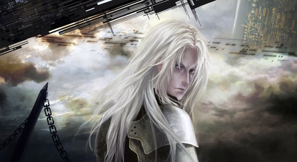 Anime picture 2247x1232 with final fantasy vii advent children final fantasy final fantasy vii square enix sephiroth fin (pixiv) single long hair highres wide image green eyes sky cloud (clouds) white hair looking back pale skin boy armor chain