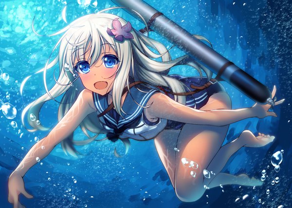 Anime picture 1104x786 with kantai collection ro-500 submarine raiou single long hair blush open mouth blue eyes blonde hair looking away full body bent knee (knees) barefoot hair flower floating hair underwater sailor collar tan swimming girl