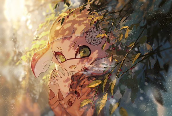 Anime picture 1500x1014 with splatoon nintendo inkling yu-ri single looking at viewer blush short hair open mouth blonde hair green eyes upper body hair flower wind fang (fangs) tentacle hair girl flower (flowers) plant (plants) coat